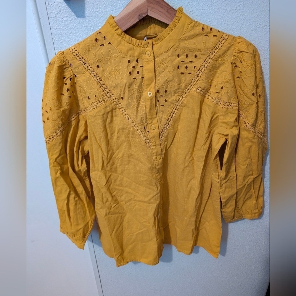 LOFT Eyelet Lace Blouse  Small Mustard Yellow Cotton Button Front Boho Top NWT‎